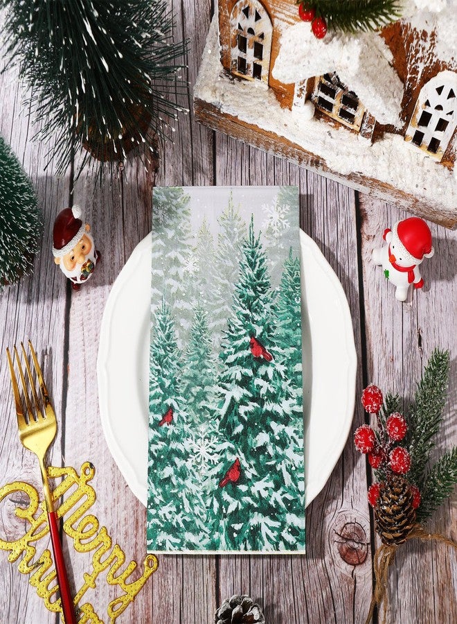 JarThenaAMCS مناديل جارثينا إيه إم سي إس الشتوية، 100 قطعة، للاستخدام مرة واحدة، مزينة بنقشة شجرة الصنوبر، غابة ثلجية شتوية، طائر الكاردينال الأحمر، مناشف يد، مناديل عشاء مزخرفة للحمام والمطبخ والمنزل وحفلات الأعياد - Image 3